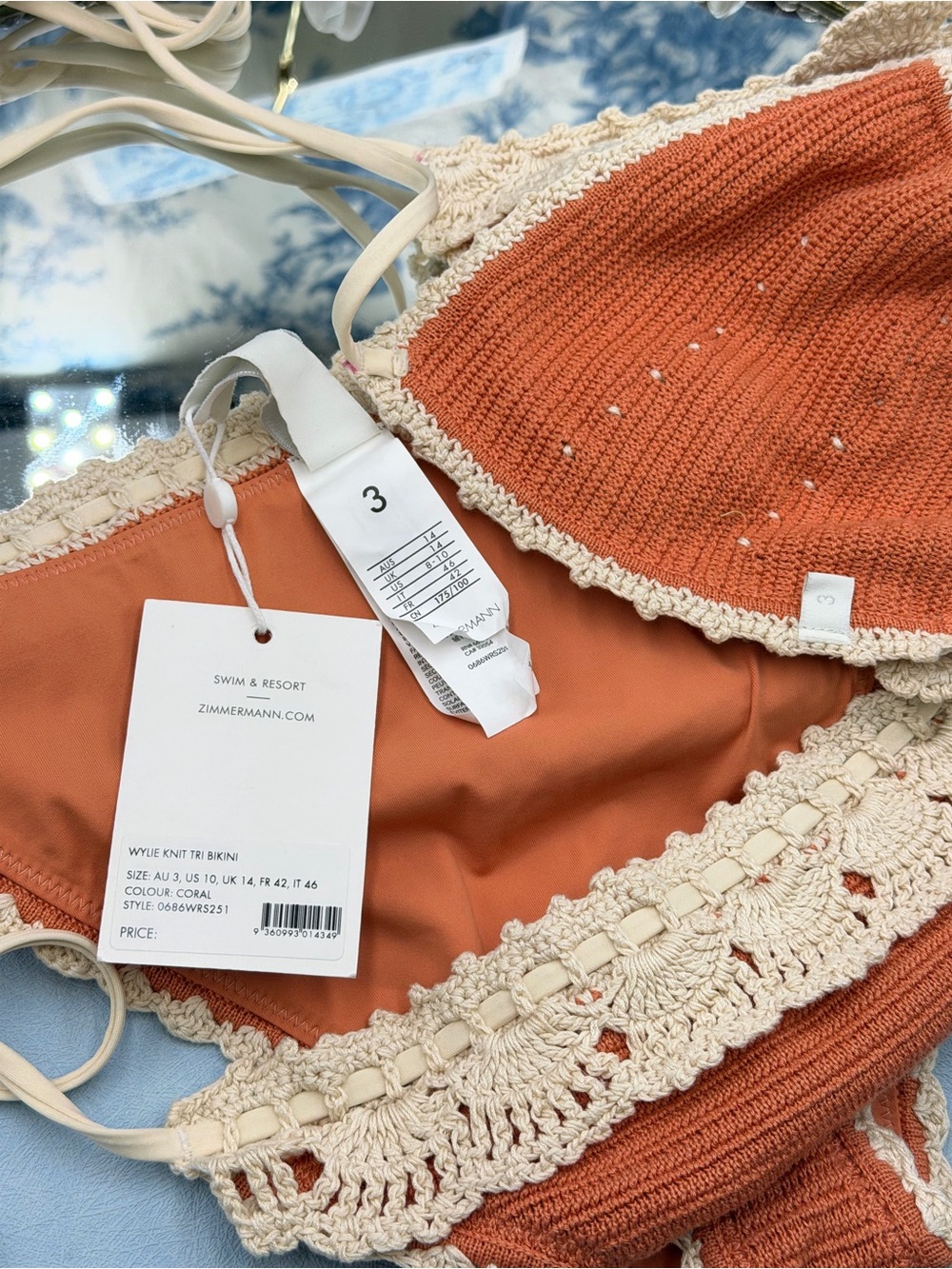 🆕 ZIMMERMANN 🧿 NWT Wylie Knit & Crochet Triangle Bikini, Coral - Sz 3 US 8/10 - Picture 15 of 16